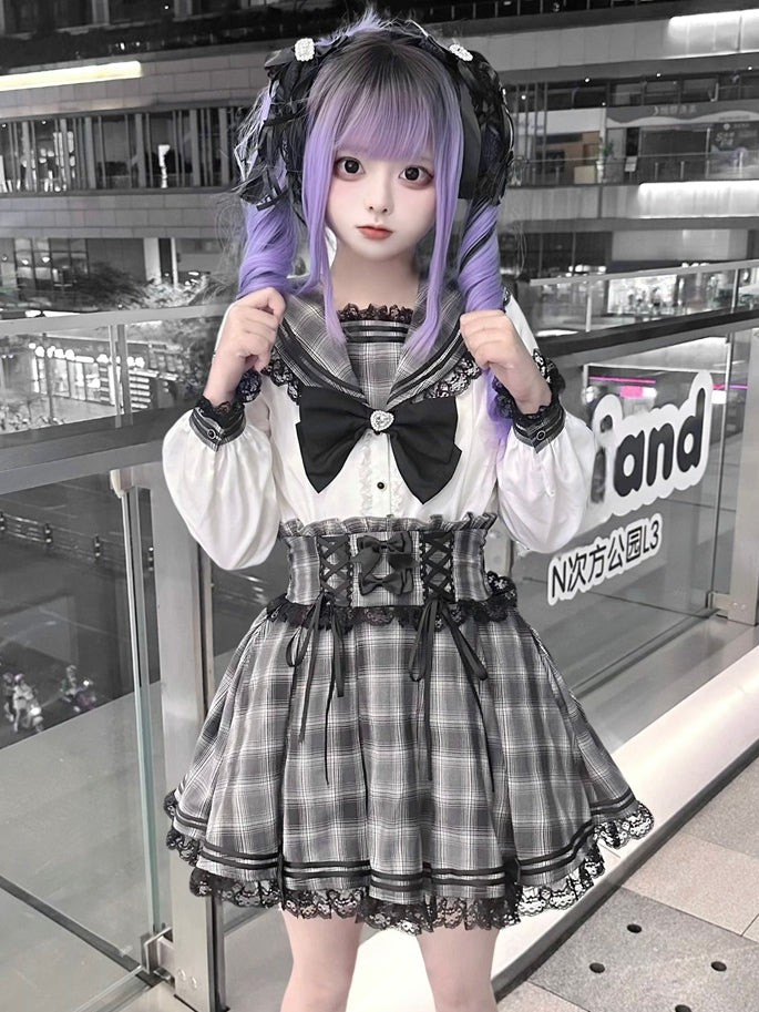 White Gray Kei Long Plaid Collar Sleeves Sailor Blouse Jirai with Bunny-Ear