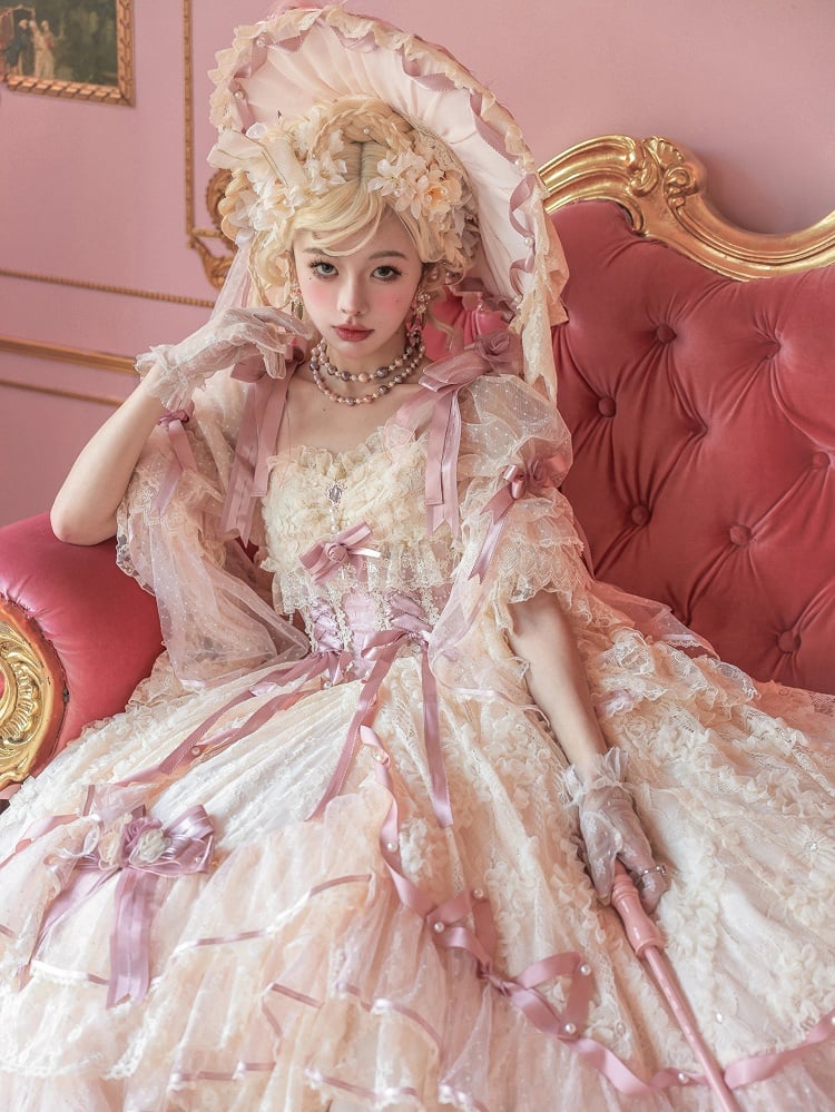 Hime Bowknot Pink Dress Piece One Lolita Hanayome Gorgeous Floral Beige and Corset