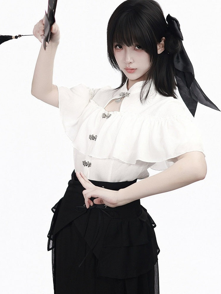 White Metal Frog Closure Blouse with Ruffles - PINK SAVIOR