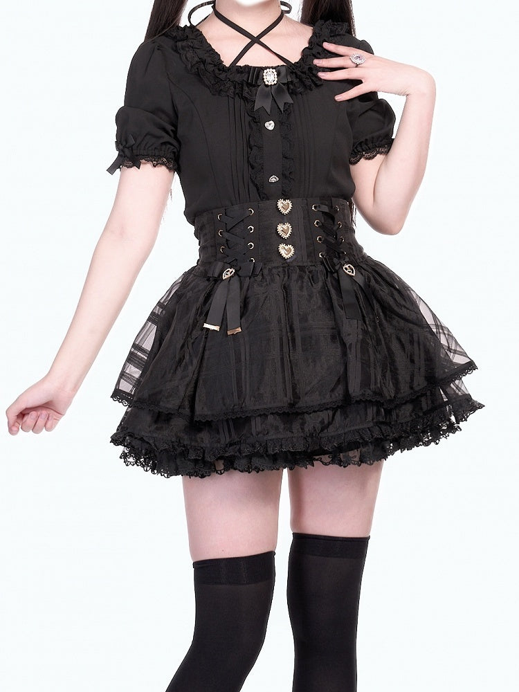 Skirt Waist Jirai with Bowknot Smocked Lace-up Accents Triple-Layer Black Kei Organza