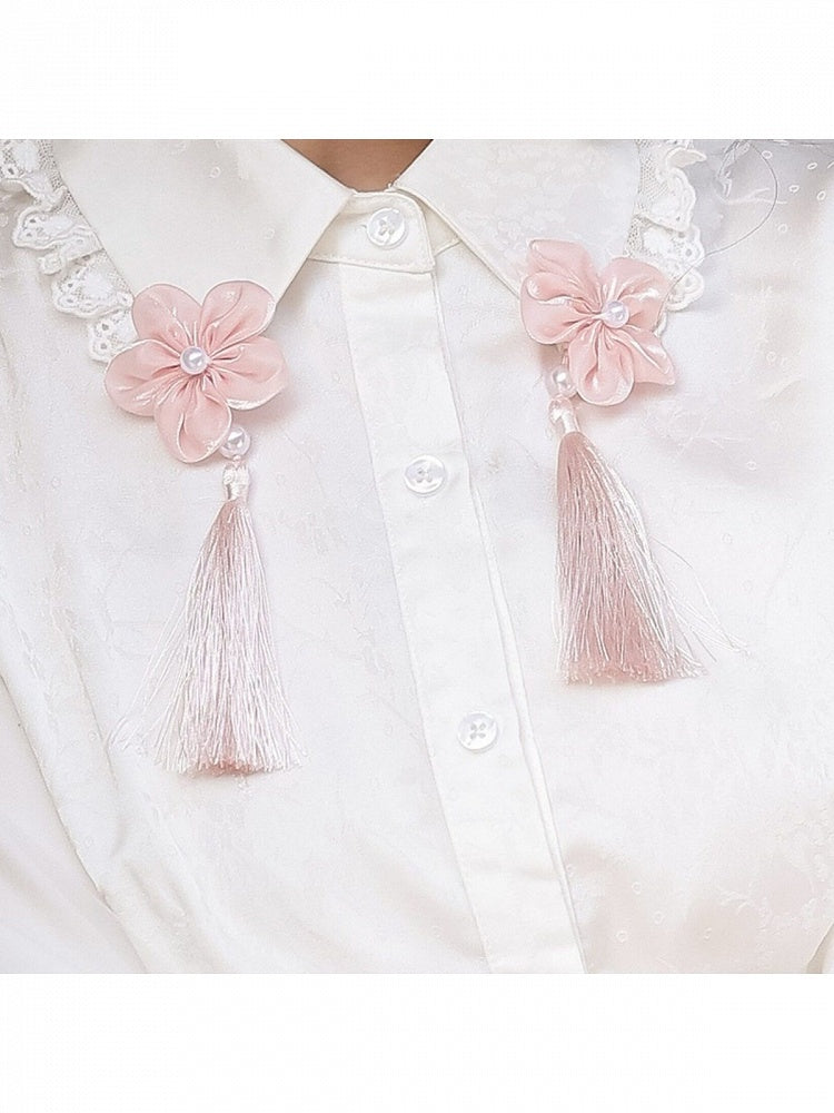 Pink Floral Accent Chinese-Inspired Lolita Blouse in White, Long-Sleeved - Han Ru Chu Hanfu &amp; Han-Element Studi