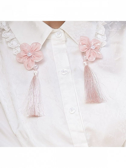 Pink Floral Accent Chinese-Inspired Lolita Blouse in White, Long-Sleeved - Han Ru Chu Hanfu &amp; Han-Element Studi