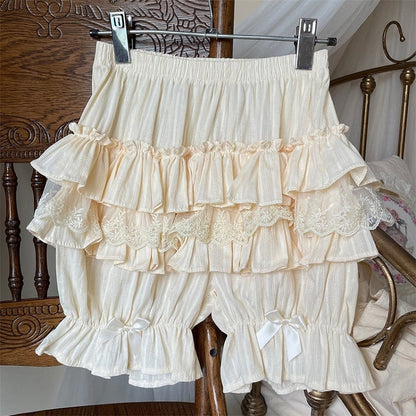 Bloomers with Ruffle Multi-Layer Lace Sweet Beige Lolita Details Bow