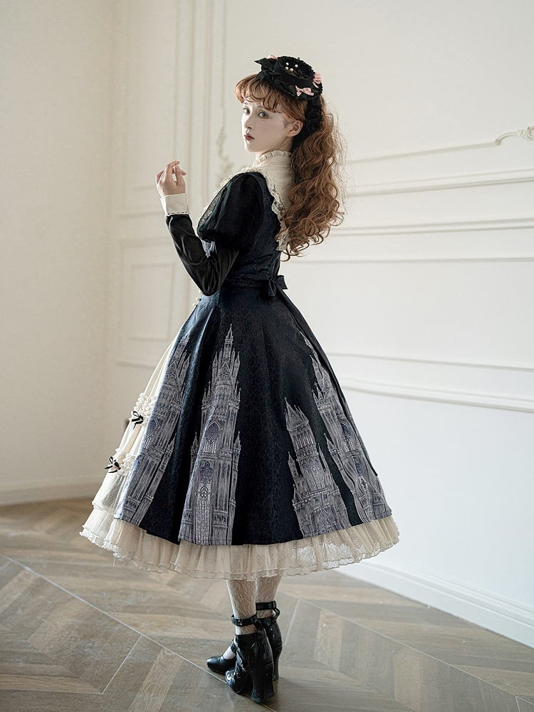 Print and Lolita Hem with Gothic Dress Black Beige Long-Sleeve Ruffled Church