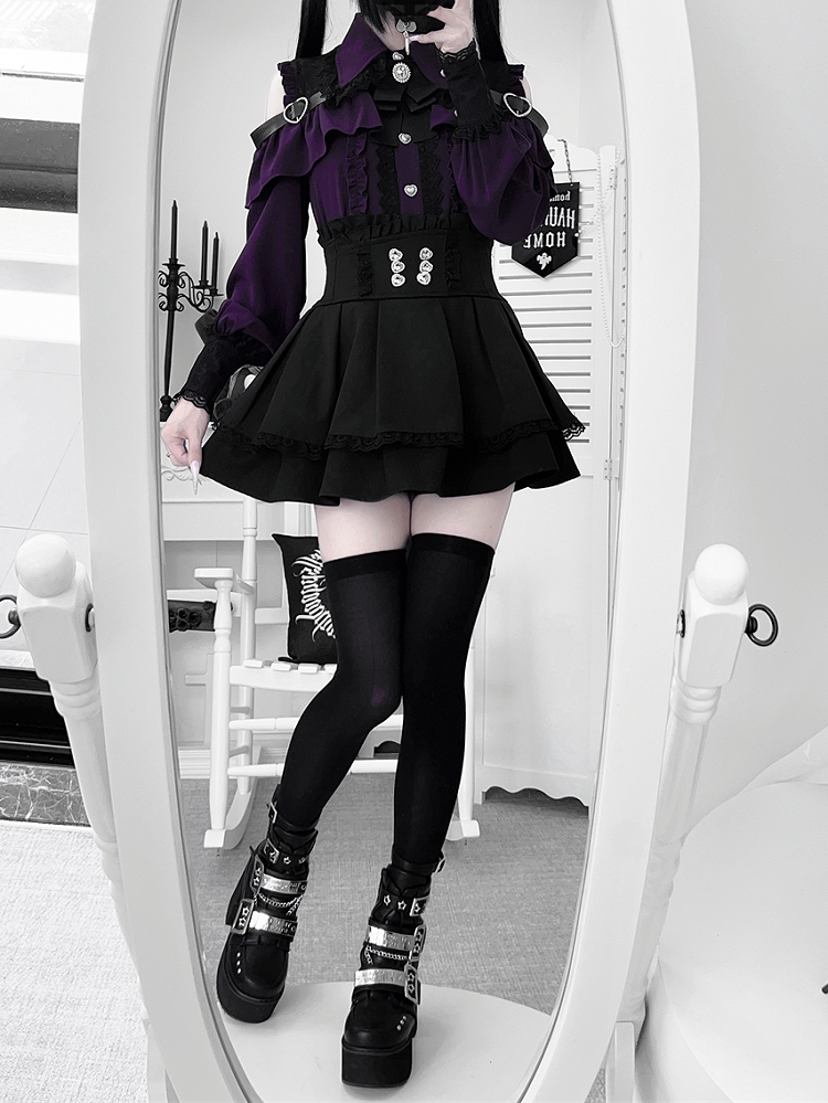 Shoulder Landmine with Blouse Buttons Cutout Blackish-Purple: Style in Heart Sweetheart Buckle