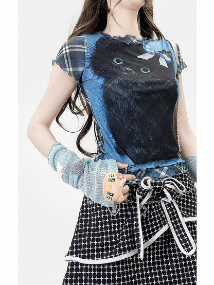 Plaid und Muster Bittersüß gerollt Druck Buchstabe Katze Y2K blau