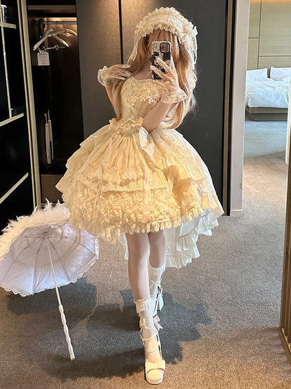 Blooming Hime Layered Lace Dress Lolita Accents Flower with Fluffy Champagne Waist Basque