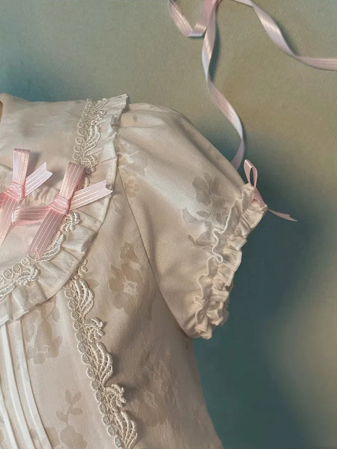 Peter Ärmel Verzierter Kragen Pan Puff Bluse Schleifen Weiß Rosa