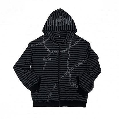 Hooded Cross Black Zip-up for Gray Chain Print Autumn Jacket Stripes with