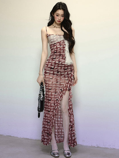 Red Plaid Thigh-high Slit Flounce Hem Summer Cami Dress