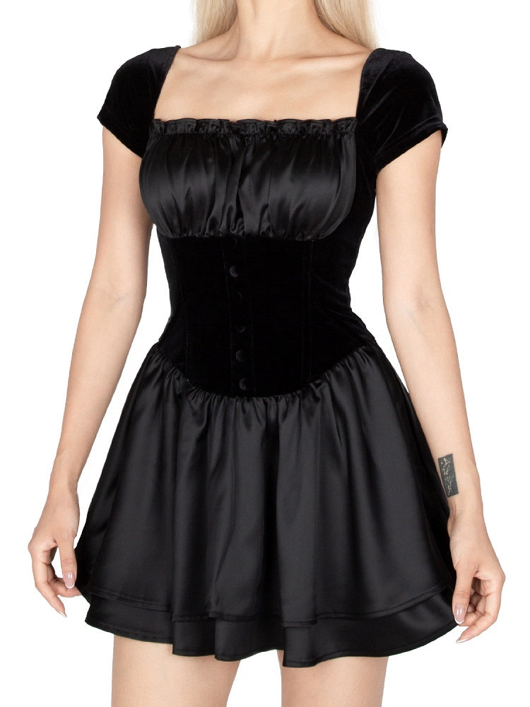 Elegantes Vintage-Minikleid aus schwarzem Samt mit quadratischem Ausschnitt