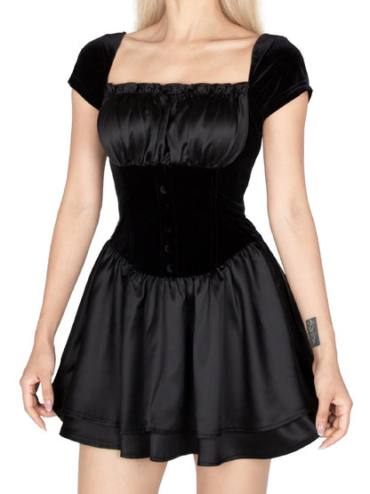 Elegantes Vintage-Minikleid aus schwarzem Samt mit quadratischem Ausschnitt