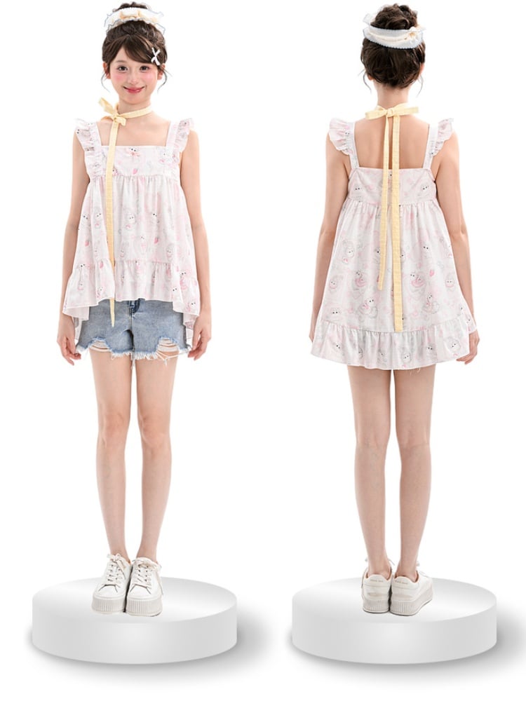 Drucken Sie süße rosa Flatterärmel Allover ärmelloses Top Kitty