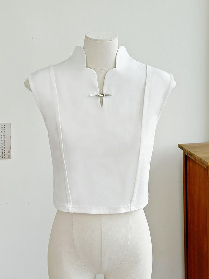 White Cotton Sleeveless Top with Metal Frog Clasp - Feng Hua Gui Guo Ling