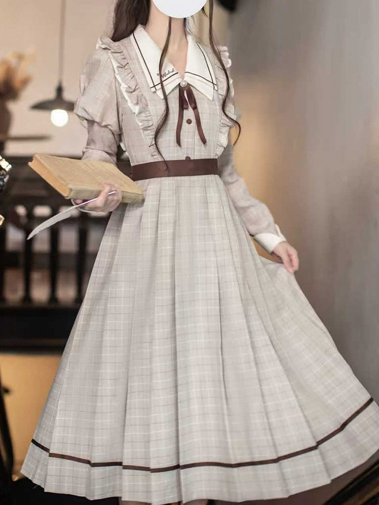 Plaid Pleated Juliette Sleeves Preppy Dress: Skirt with Coffee Light Style