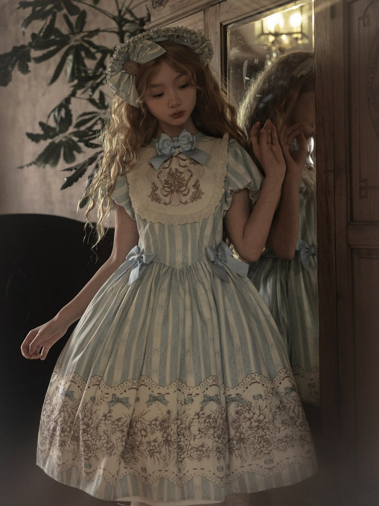and Floral Blue Embroidery Classic One Bowknot Piece Striped Bodice Version Lolita Short Pattern