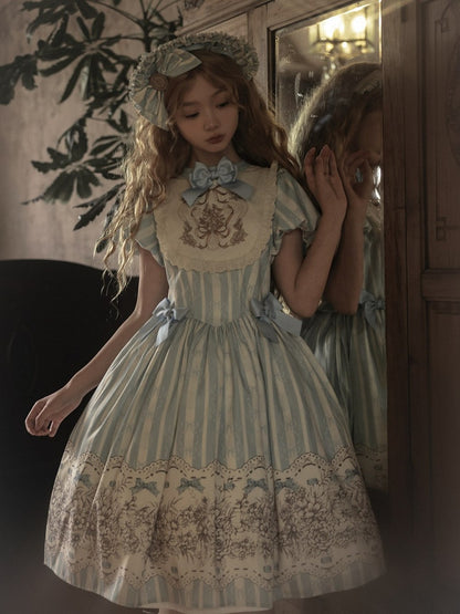 and Floral Blue Embroidery Classic One Bowknot Piece Striped Bodice Version Lolita Short Pattern