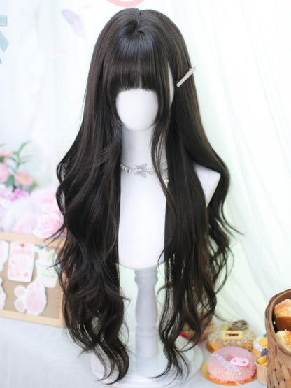 Black Tea Length 70CM Wavy Wig with Bangs