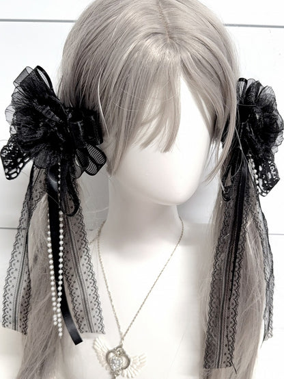 Bowknot with Charm White/Black Design Floral Beaded Hairclip/Brooch