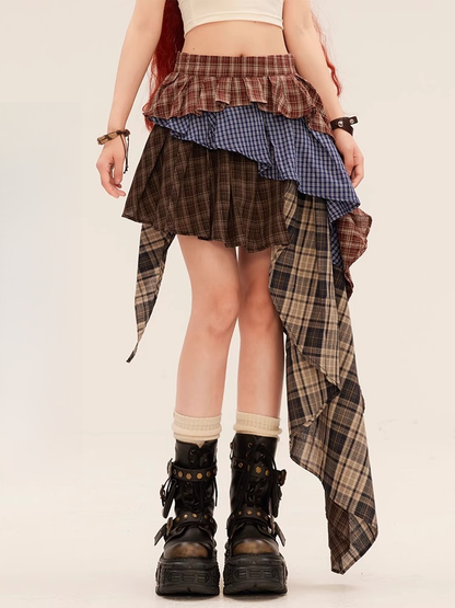 Tiered Skirt Red Asymmetrical Hem Vintage Plaid