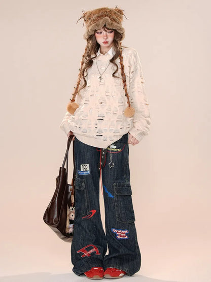 Cargo Jeans High Leg Dunkelblau Wide Street