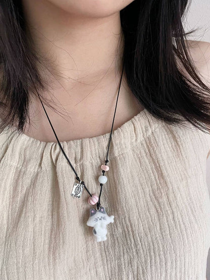 Collier Perles Pendentif Chat - Kiwi Store