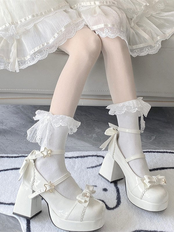 Star Elegant Heels Lolita High Bow Block 8cm Snap with White Accents