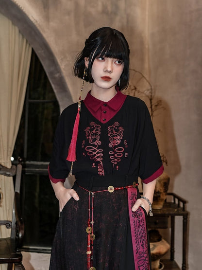 With Talisman Short-sleeve Gothic Fake Blouse Black Two-piece Chinese Print Red