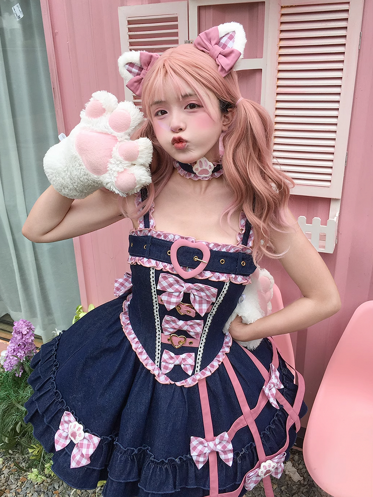 Cat Paw Applique Pink Plaid Choker with Big Bow Back