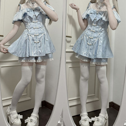 ショートパンツ、蝶ネクタイ、チャイナドレス、ライト、ネックライン、ケイスタイルセット - ジライイリュージョンミニドレス、ブルー、ベルスリーブ