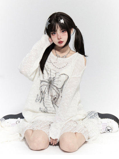 Coverup Semi-sheer Butterfly Print Cutout Shoulder White/Black/Apricot