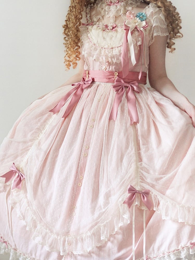 Pink with Bow Details Version Lolita Elegant Classic Dress Lace Long and