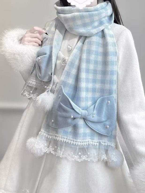 Scarf Trim Beaded and Kei Jirai Blue Plaid Pompons Bowknots White Light Lace with