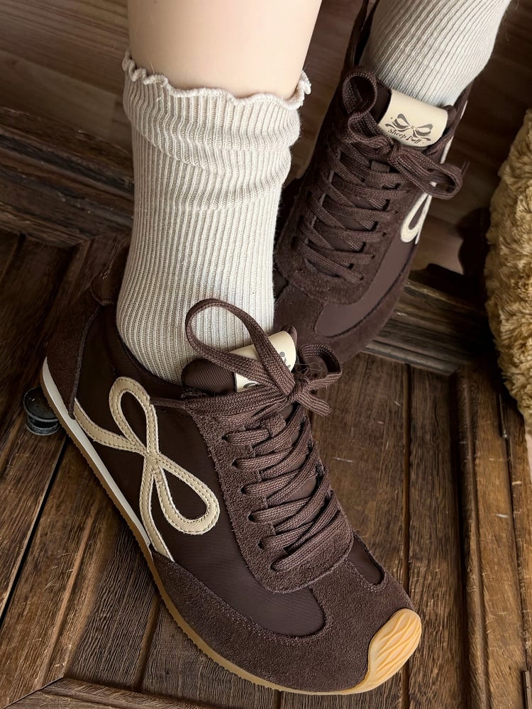 Design Bowknot Ties Front Lace-up Brown Sneakers