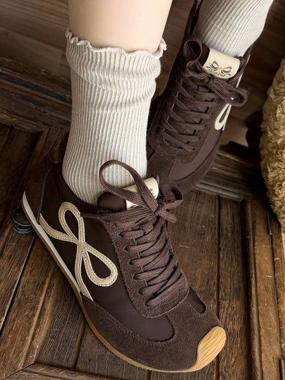 Design Bowknot Ties Front Lace-up Brown Sneakers
