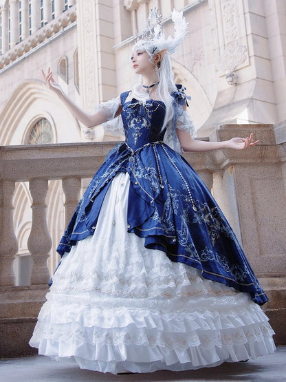 Dark Blue and White Boned Corset Bodice Gorgeous Printed Train Lolita Dress Full Set