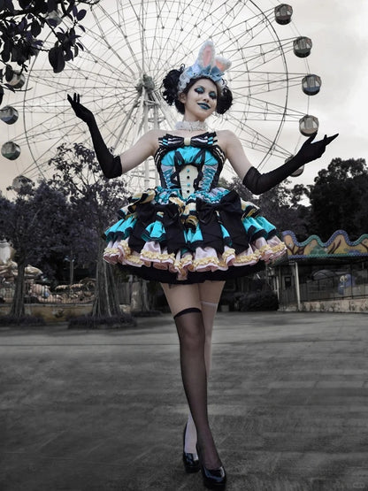 Pink Boned Basque Waist Puffy Dress with Bowknots and Big Padded Heart