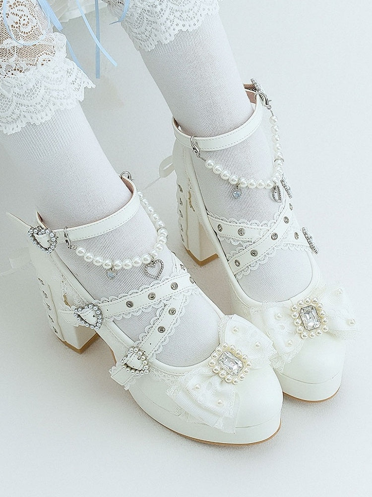 White Platform Mary Jane Shoes with Bow & Rhinestone - Sheep Puff