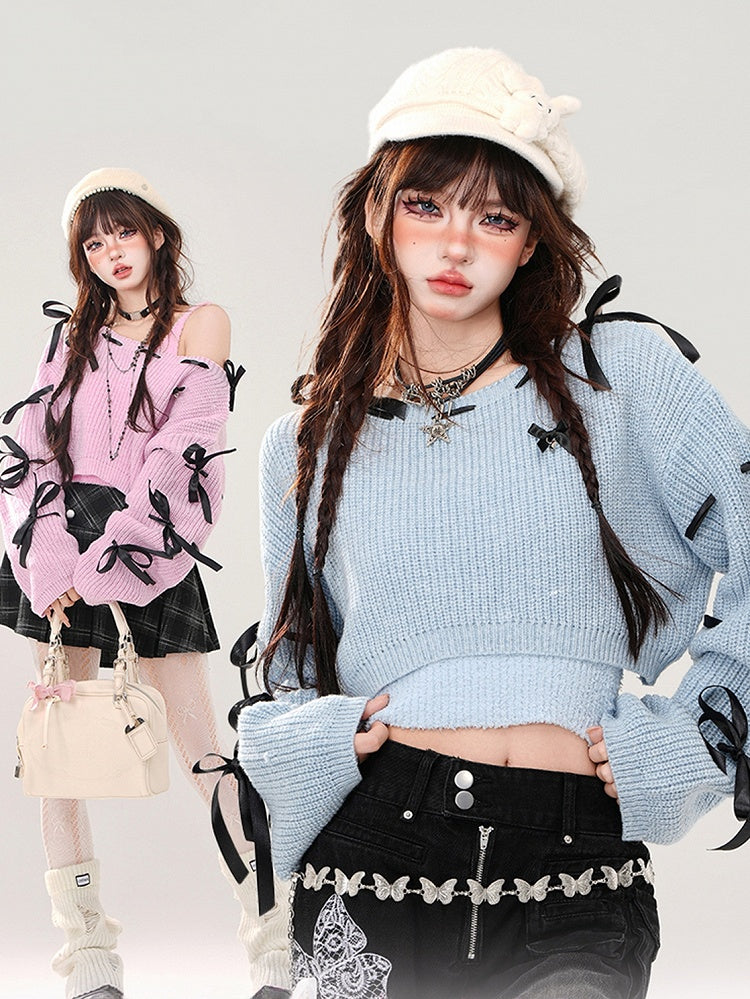 Blau/pinkes Set aus kurzem Pullover mit Schleifen an den Ärmeln und Camisole-Top