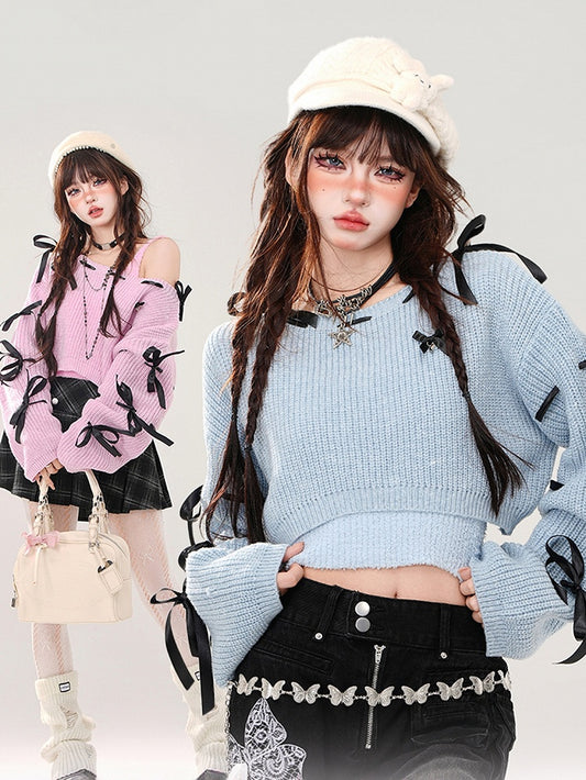 Blue/Pink Bows Adorned Sleeves Cropped Sweater with Cami Top Set