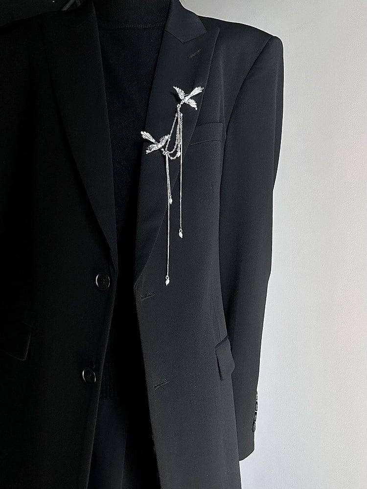 Cheongsam Style Silver Bird Brooch with Chains & Bottom Bead Embellishments