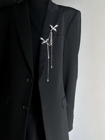 Cheongsam Style Silver Bird Brooch with Chains & Bottom Bead Embellishments