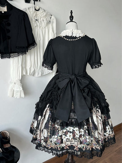 Lily and Puppet Doll Print Black Dark Gothic Lolita Short Sleeves Dress