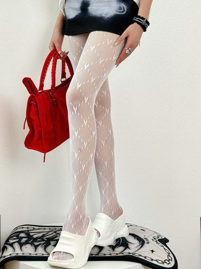 Y2K Details Pattern Diamond Black/White Tights Heart