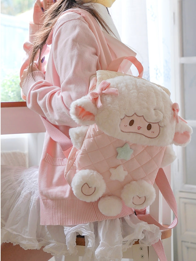 Star Diamond WhitePink Bowknot And Pattern Backpack Plush Flap Decorated Lamb