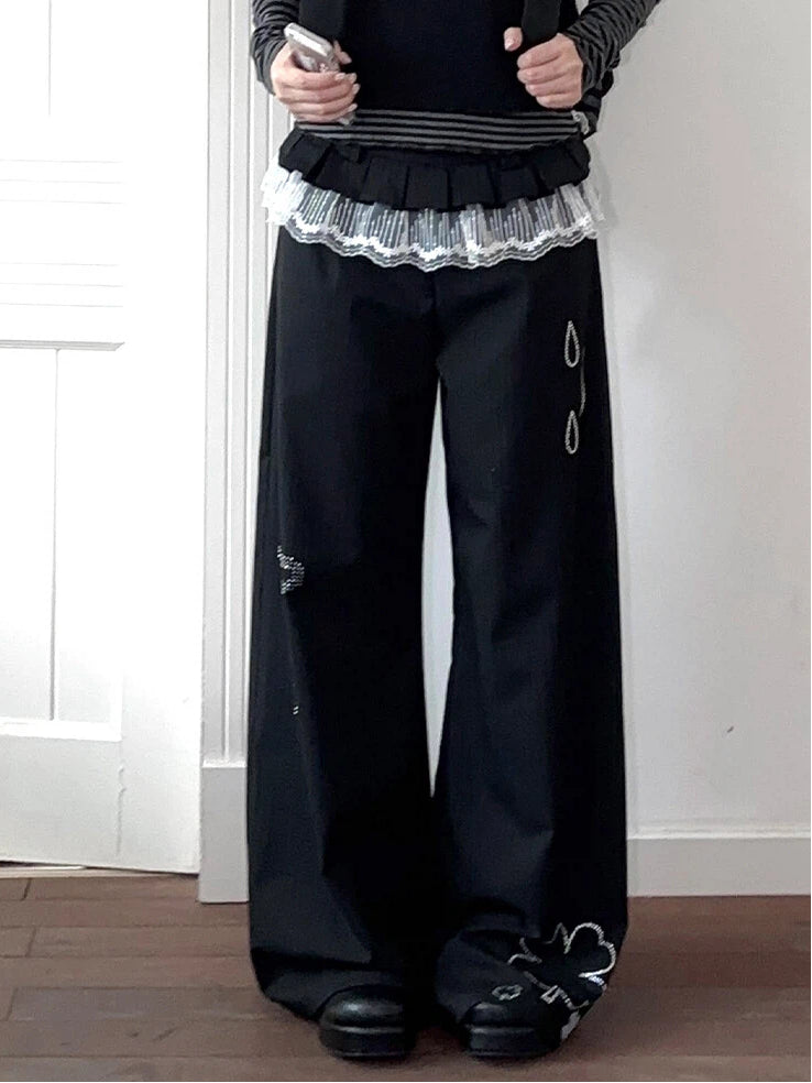 Black Wide-Leg Lace Raindrop and Trim with Clover Pants Rhinestone