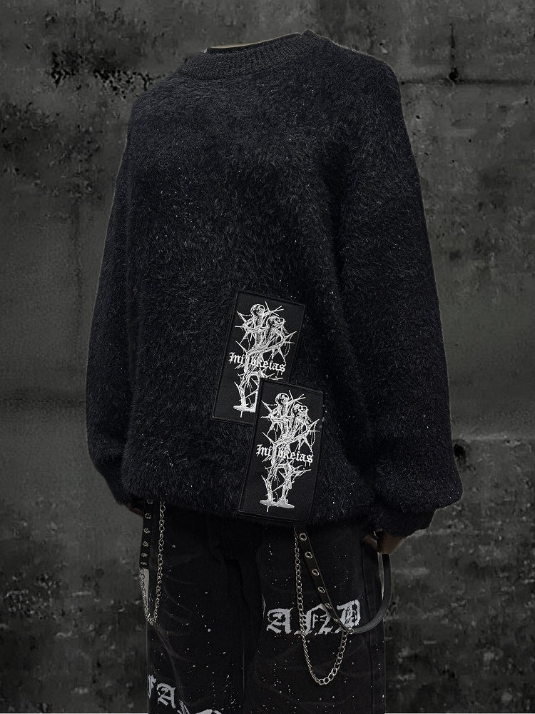 Appliques Punk Pullover Black Vibes Rock - Edgy Sweater Embroidered