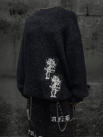 Appliques Punk Pullover Black Vibes Rock - Edgy Sweater Embroidered