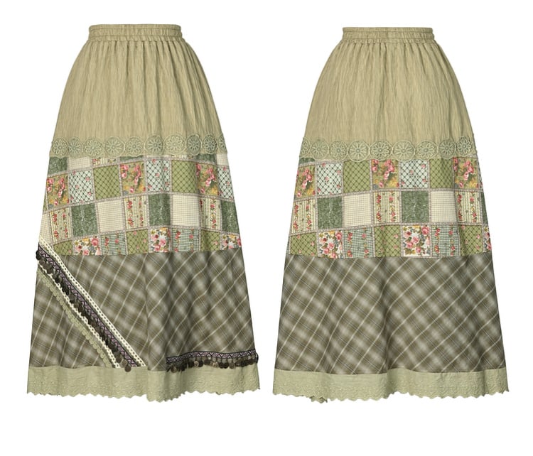 Grüner Cottagecore-Patchworkrock mit hoher Taille im Bohemian-Stil
