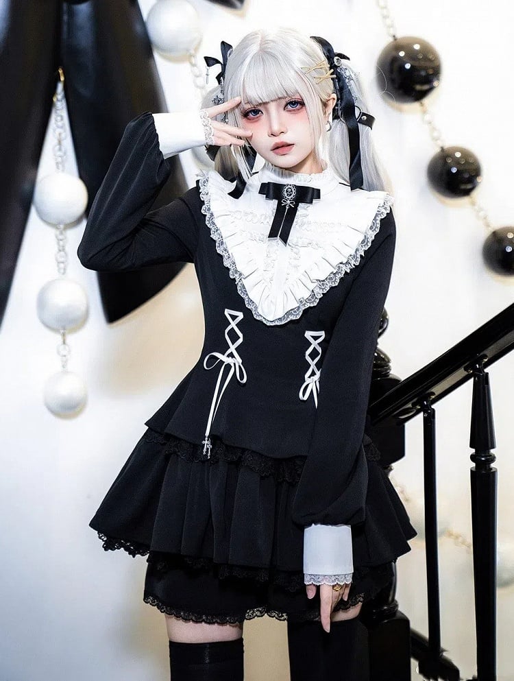 Lolita Kleid Charm Kreuz Schnürung Träger Ausschnitt Gothic Schwarz Rüschen Weiß